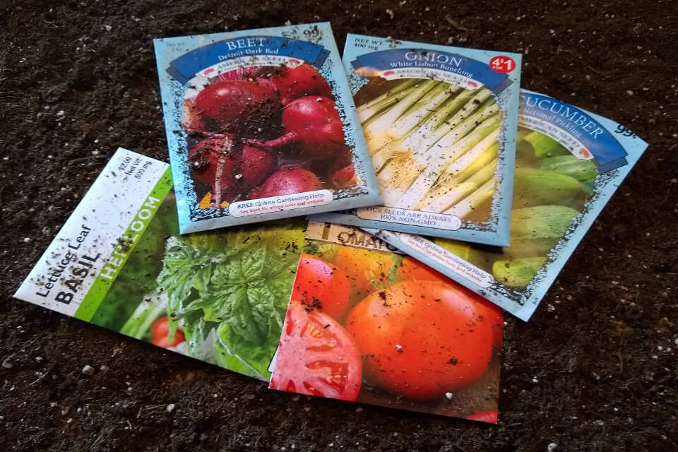 packages of random seeds laying in tiled dirt
